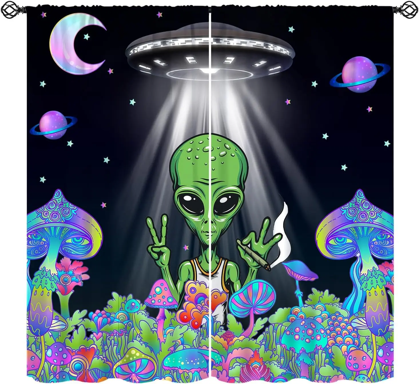 Alien Curtains, Galaxy Planet Spaceship UFO Cool Colorful Mushroom Plant Print Blackout Window Treatments, Rod Pocket Thermal