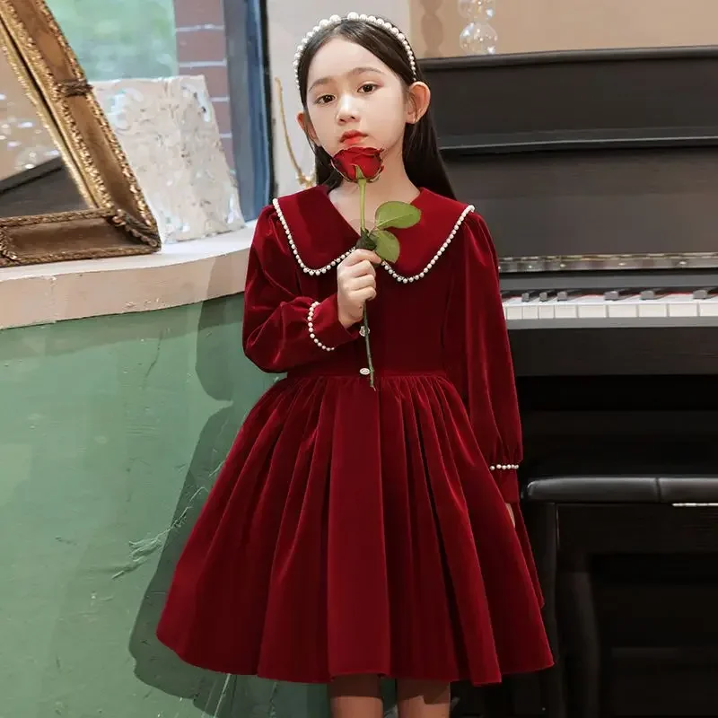 Teen Girls Princess Velour Dresses Birthday Party Prom Spring Autumn Clothes Long Sleeve Red Velvet Dress for 6 8 10 12 14 Yrs