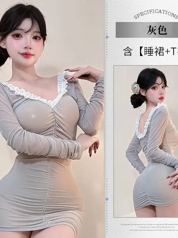 Seksowna sukienka bodycon z głębokim dekoltem w serek, przezroczystym wykończeniem z koronki, jednolita, z dekoltem w serek, długim rękawem, kopertowym krojem, podkreślająca biodra, transparentna, mini sukienka w stylu czystej pokusy QSTZ