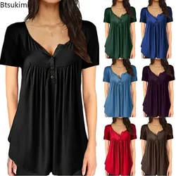 New 2026 Women's Summer Casual Short Sleeve T-shirts Solid Oversized Soft Button Design women t shirt Plus Size Women Loose Tops