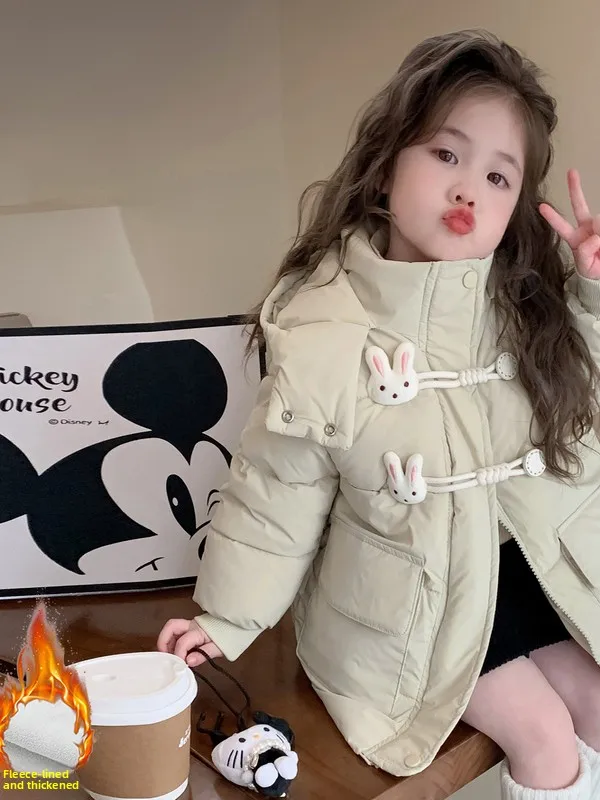 

Хлопковая куртка на пуху для девочек, новинка 2025 года, зимнее детское пальто на подкладке с кроликом, детское пальто средней длины, милое пальто