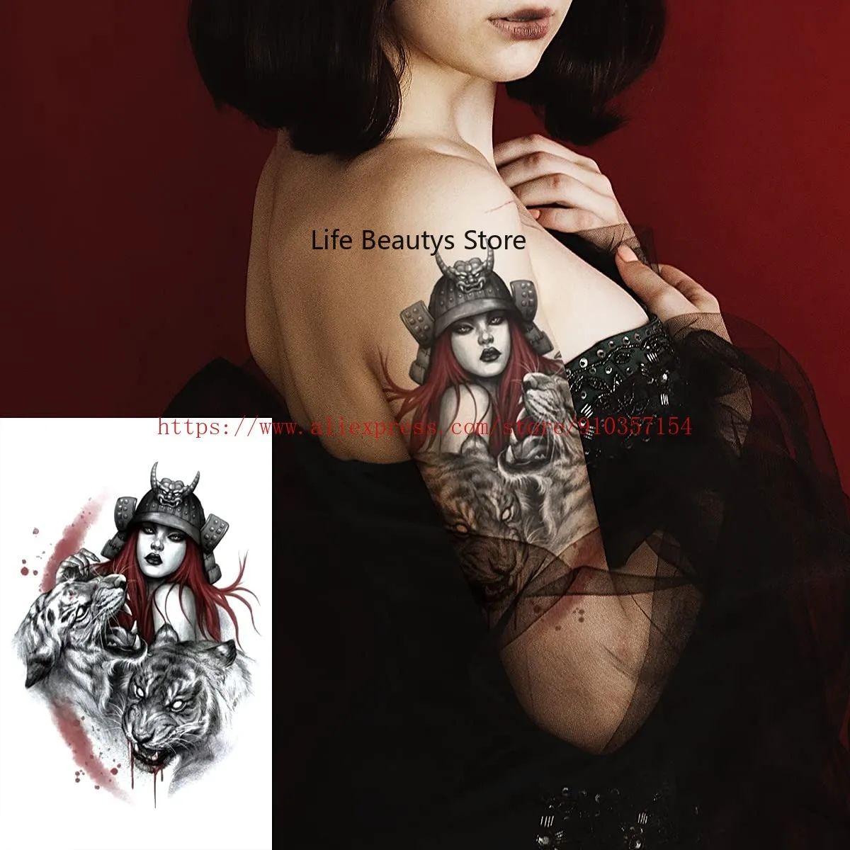 Waterproof arm temporary tattoo sticker black Japanese geisha ladies samurai fan sword crane notebook  glass sticker