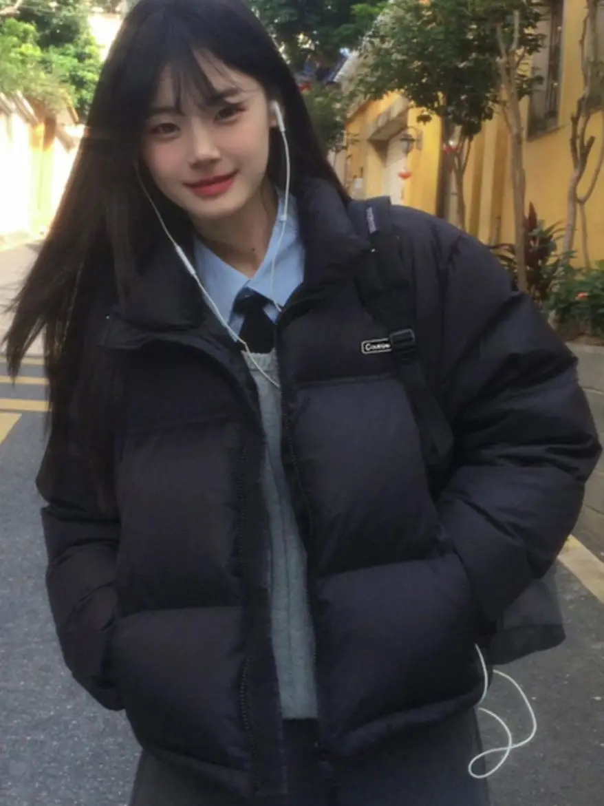 

Black Women's Lightweight Bread Jacket Stand Collar Warm Thick Winter Clothes Fashionable Sweet Style Loose Fit Duck down Coat