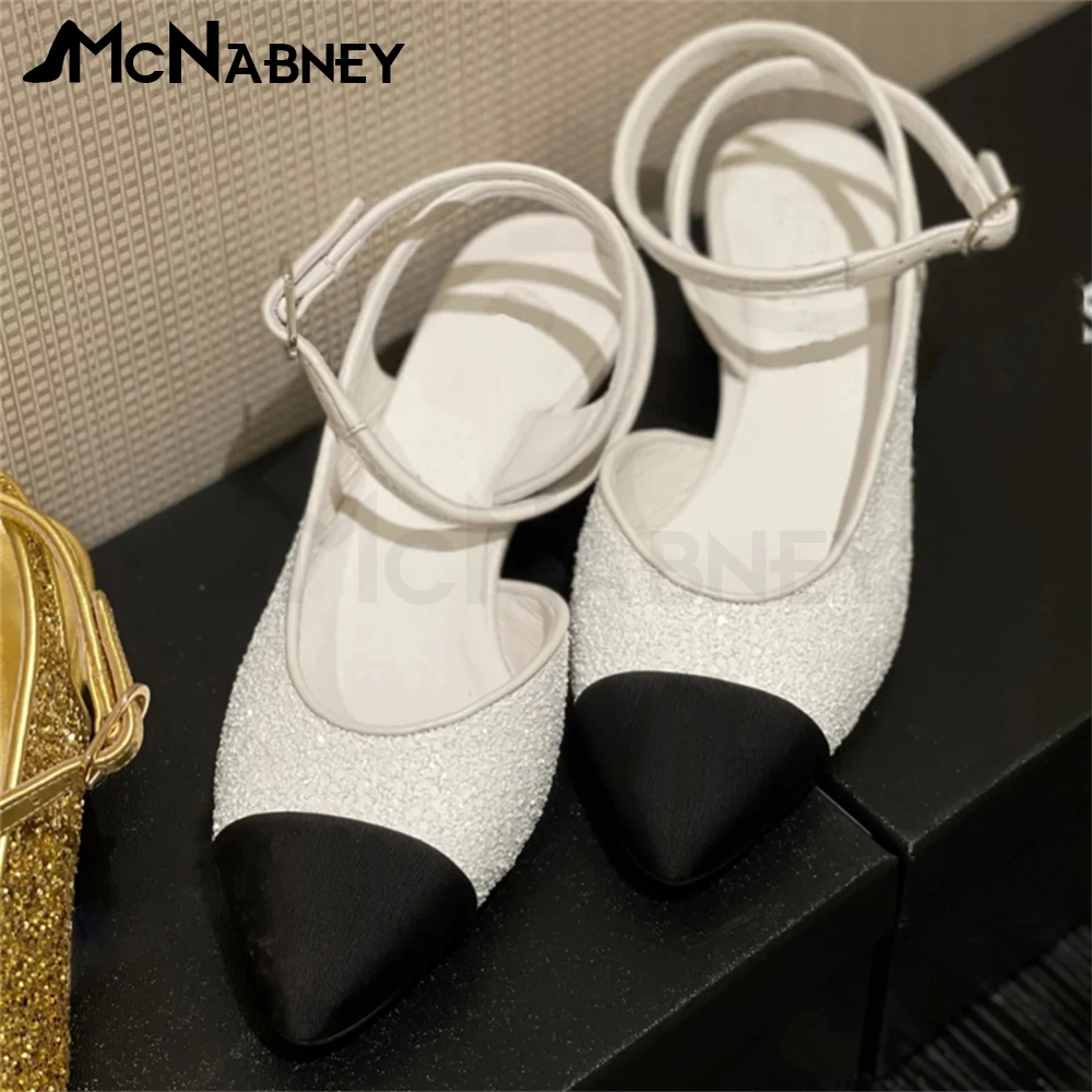 

Sequined Suede Colorblock Sandals Chunky Heels Buckle Summer Shoes Leather Sheepskin High Heels Mary Jane Sweet Style Shoes Sale