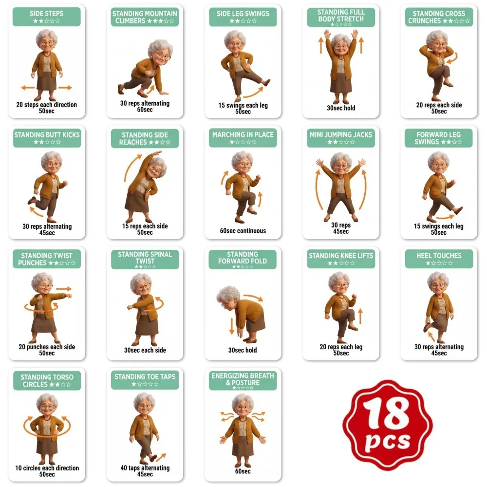 18Pcs Illustrated Step Move Guide Senior Standing Exercise Flashcards Elderly Standing Full Body Exercise Cards