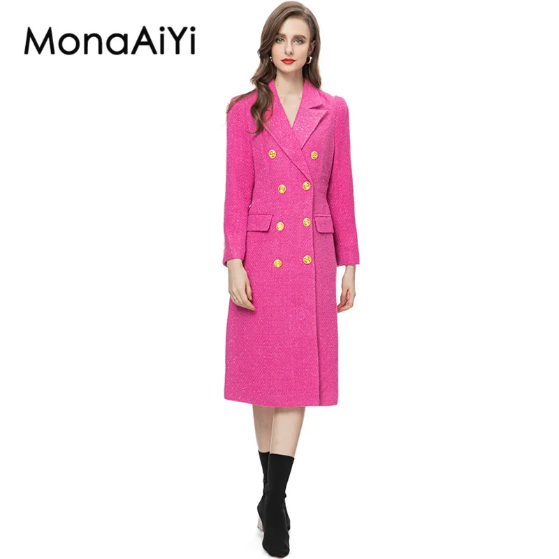 MonaAiYi New Fashion Designer Autumn/Winter Outerwear Women's Lapel Double-Breasted Girdle Around The Waist Pink Woolen Coat