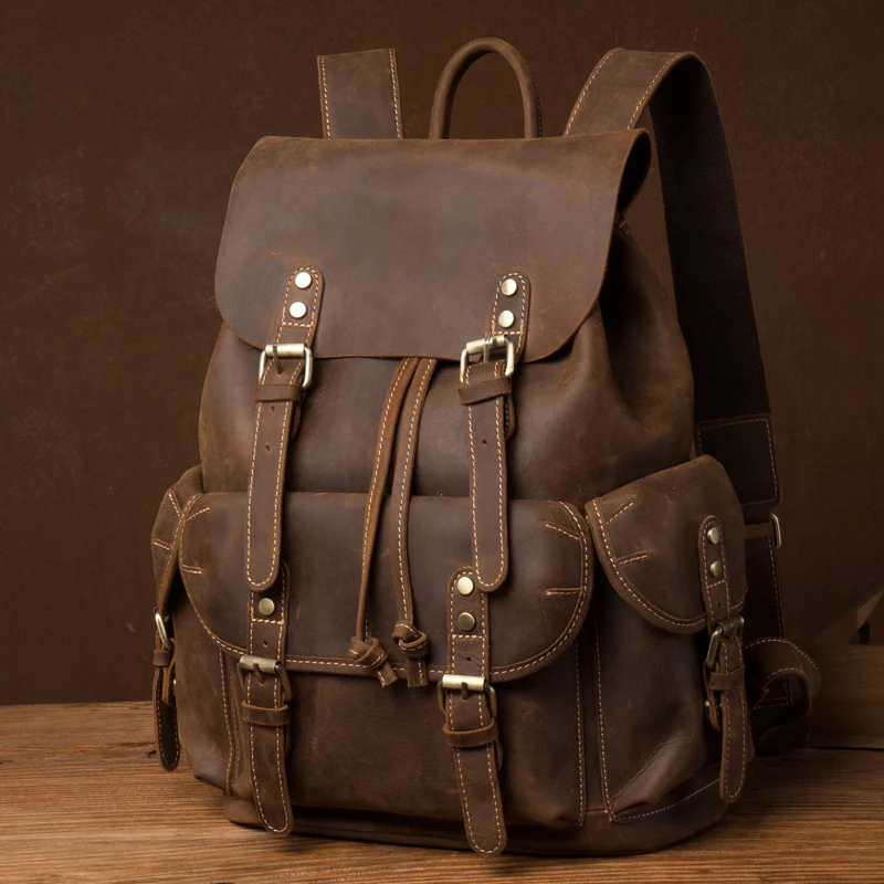 New Crazy Horse Leather Men's Backpack Vintage Top Layer Leather Handmade Backpack Leather Casual Computer Backpack