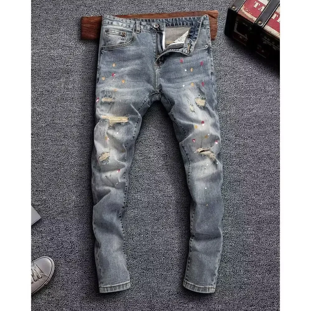 Men's Vintage Denim with Ripped Distressed Faded Slim-fit Jeans Printed High-end Streetwear Fashion Hip-hop Streetwear Jeans