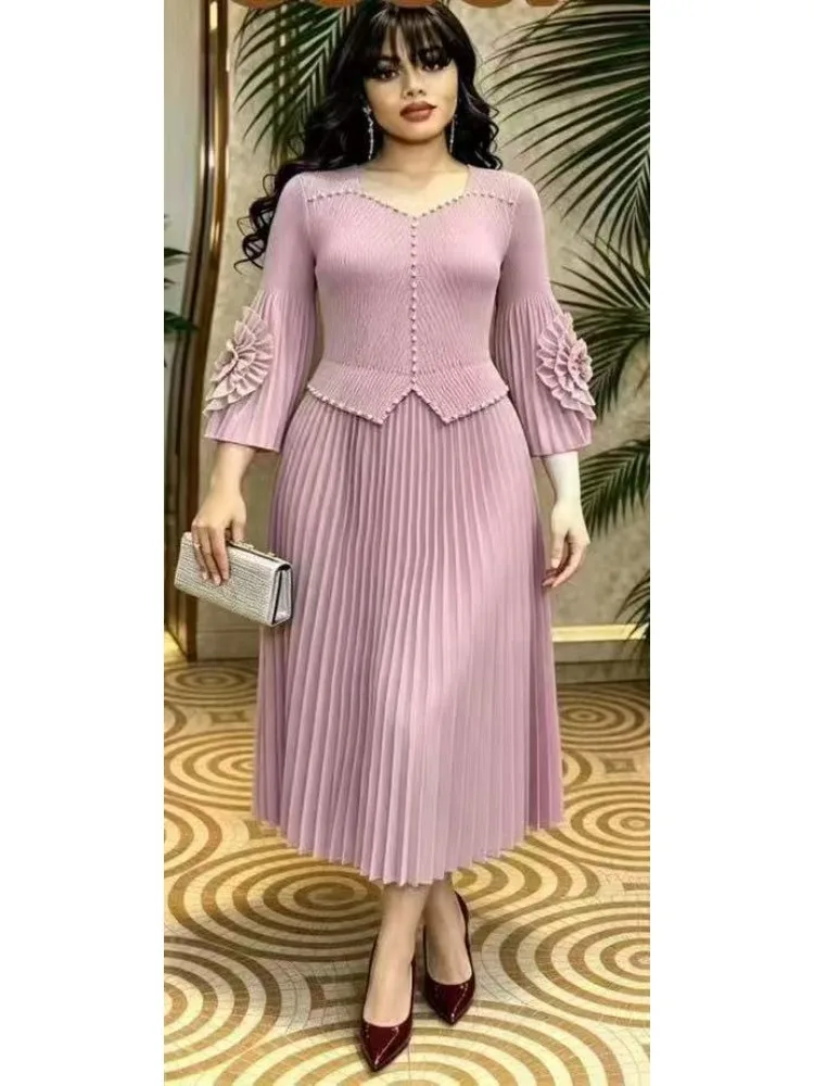 2026 Miyake V-neck Bead Loose Fashion Women's Clothing Fashionable and Elegant Solid Color Pleated Casual New Dress