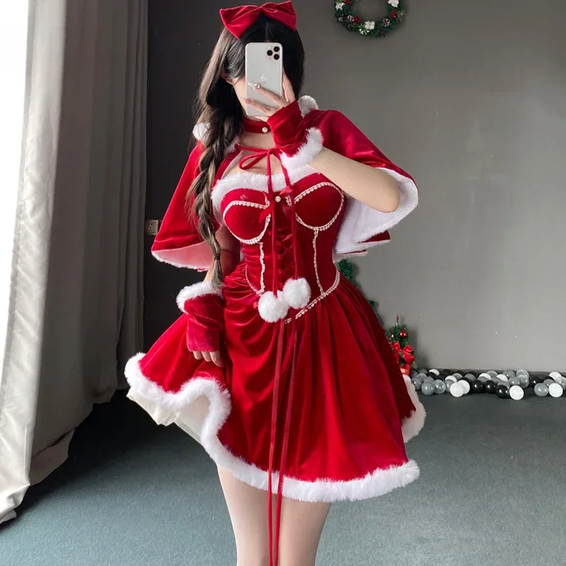 

Christmas Party Dresses Kawaii Cloak Cosplay Santa Claus Cute Winter Christmas Red Shawl Dress Party Dressing Stage Performance