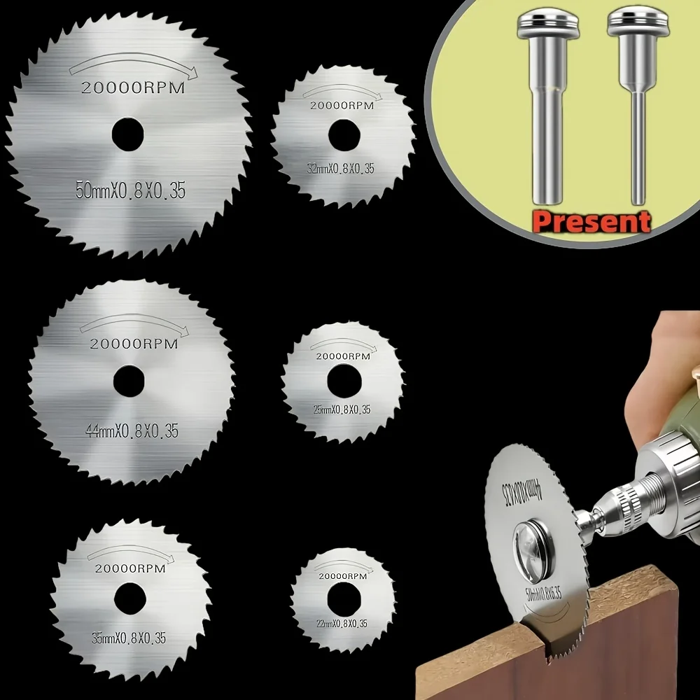 6Pcs HSS Mini Circular Saw Blades Set with 2 Mandrels, Rotary Cutting Disc for Wood PVC Plastic Soft Metal