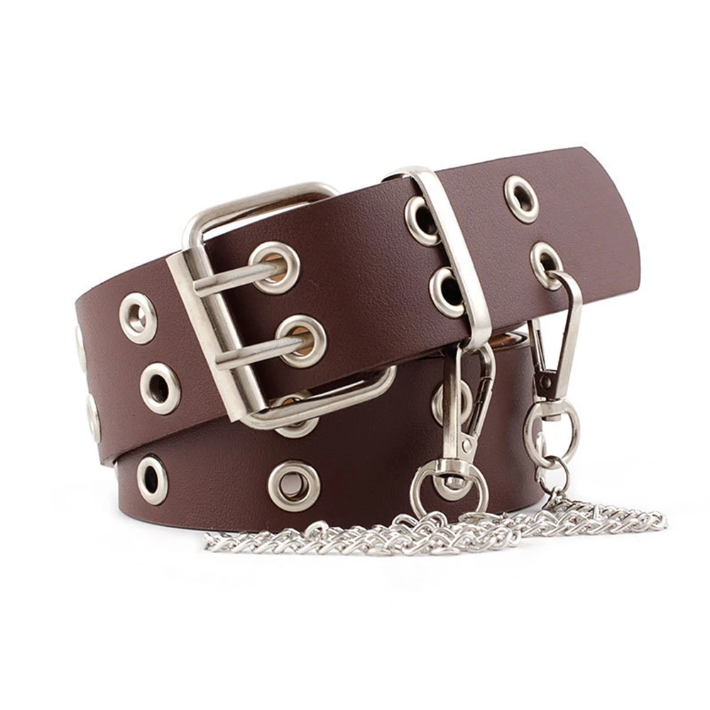 

Coffee Punk Rock Leather Belts for Women Black Chain Female Pin Buckle Belt Streetwear New Design Fashion Belt Metal Holes New