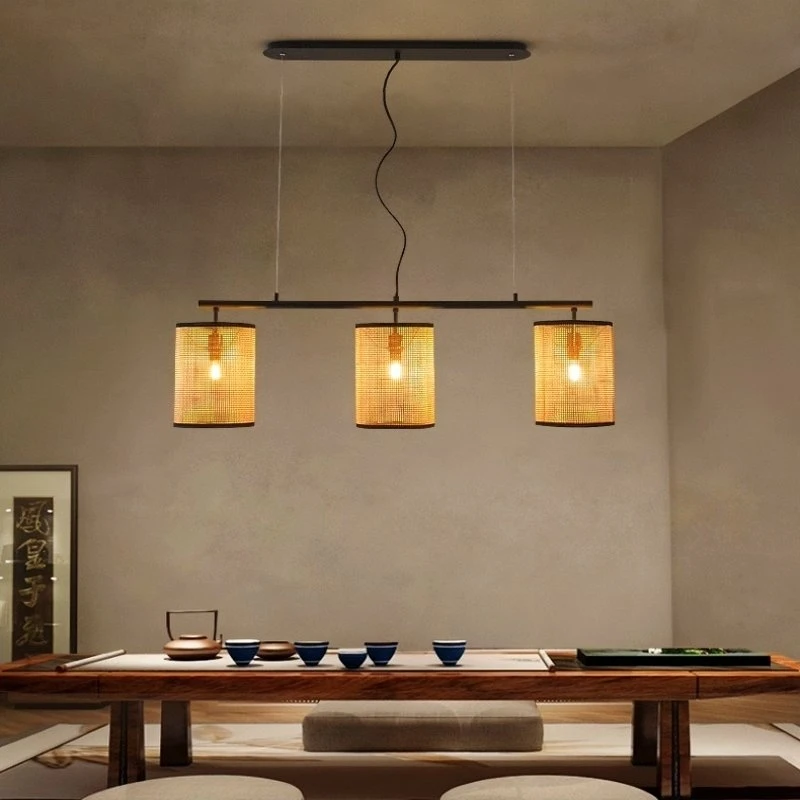 Elegant Interior Decor Chandelier Rattan Weaving Creative Hanging Lamp Restaurant Hotel Tea Room Minimalist 3-head Pendant Light