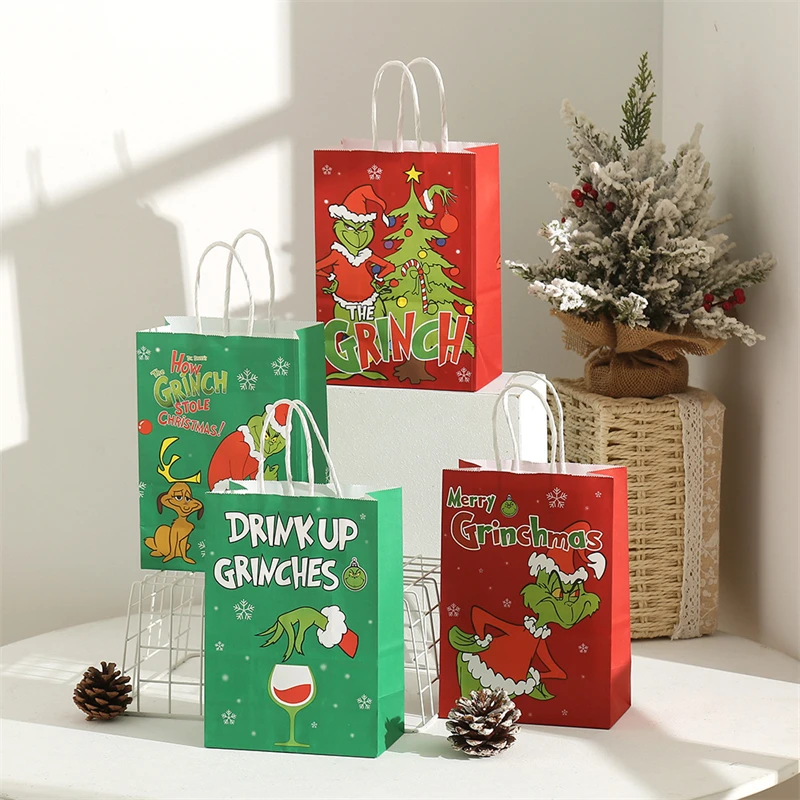 LPZHI 12Pcs Red/Green Christmas Gift Paper Bags With Handle New Year Party For Cookies Toy Chocolate Candy Packaging Decoration