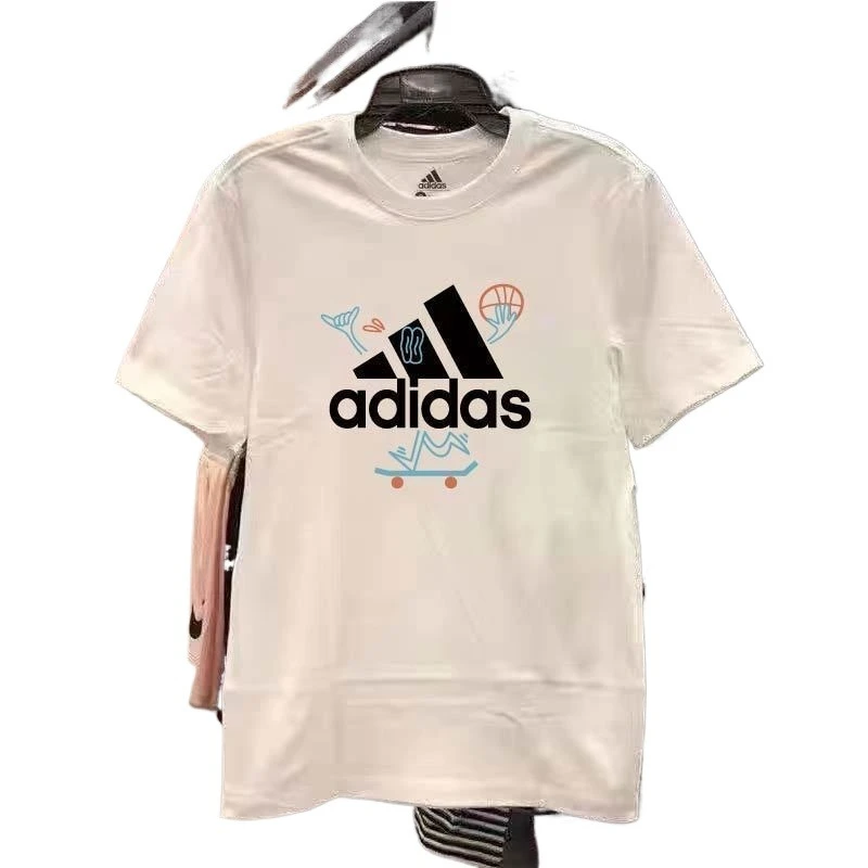 

Футболки Adidas с принтом логотипа, гендерно-нейтральный, разноцветный узор, вентилируемые упражнения, прямые плечи и короткие рукава, S-XXXL