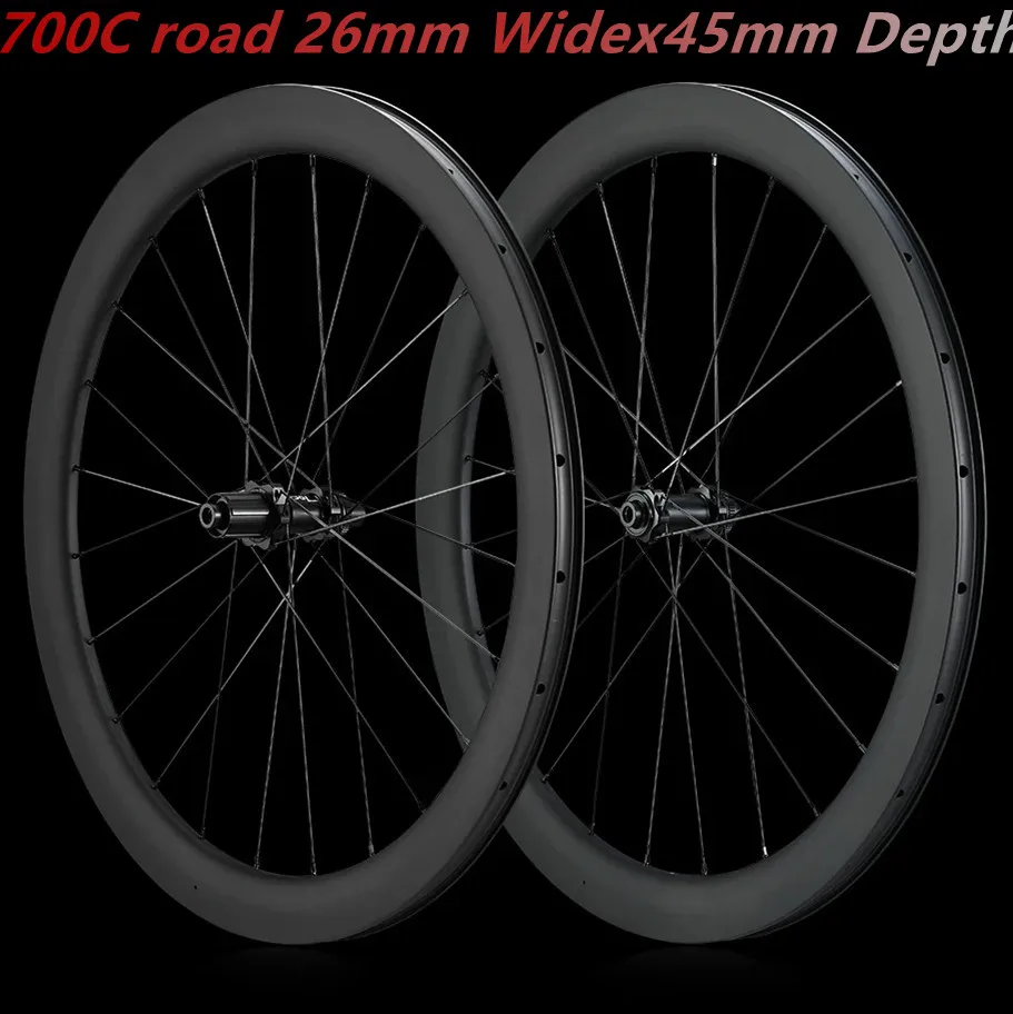 

1355g Super Light Carbon Wheelset 26x45mm JIt Choice Fast Shipping Road Carbon Whees 700C Ratchet System Center Lock Disc Brake