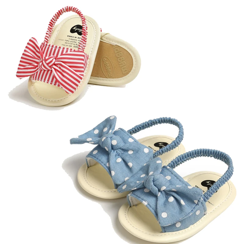 Summer Baby Girls Sandals Cotton Soft Sole Non-Slip First Walkers Sweet Striped Dot Bow Flat Casual Breathable Sandals 0-18M