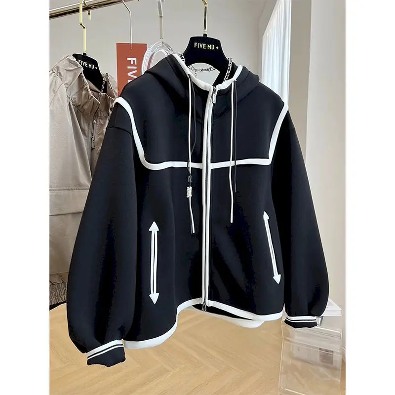 Oversized Hooded Jackets Women Fasshion Design Sense Niche Loose Hoodies Casual Black Hooded Coats Spring Autumn Zip Up Hoodie