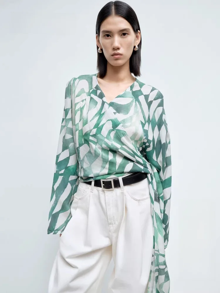 

Женская блузка из льняной смеси с принтом, коллекция Весна 2025, с длинным рукавом, V-образным вырезом, стандартной длины, модный женский топ