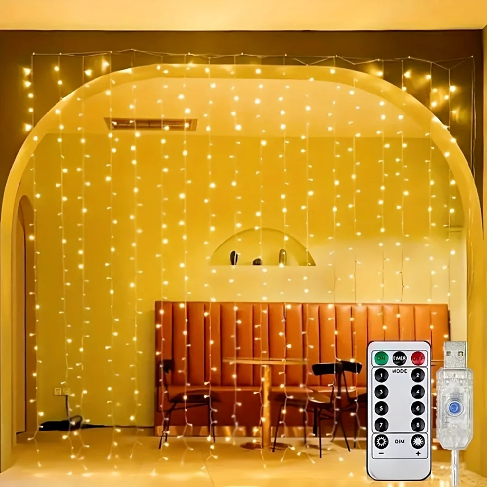 8 Modes Home Decoration Light LED Garland Curtain Light String Christmas Bedroom USB Power with Remote Control for Wedding Party