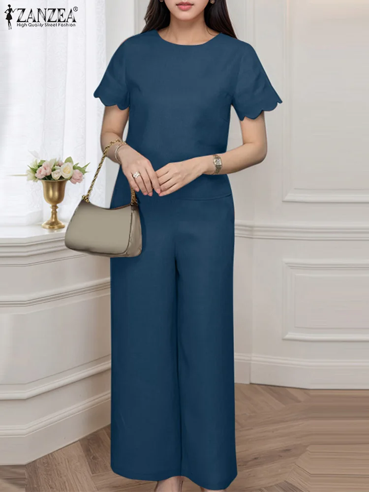 

2025 ZANZEA Fashion Summer Two Pieces Sets 2PCS Short Sleeve Solid Blouse Pant Sets Women Matching Sets Casual Work Tracksuits