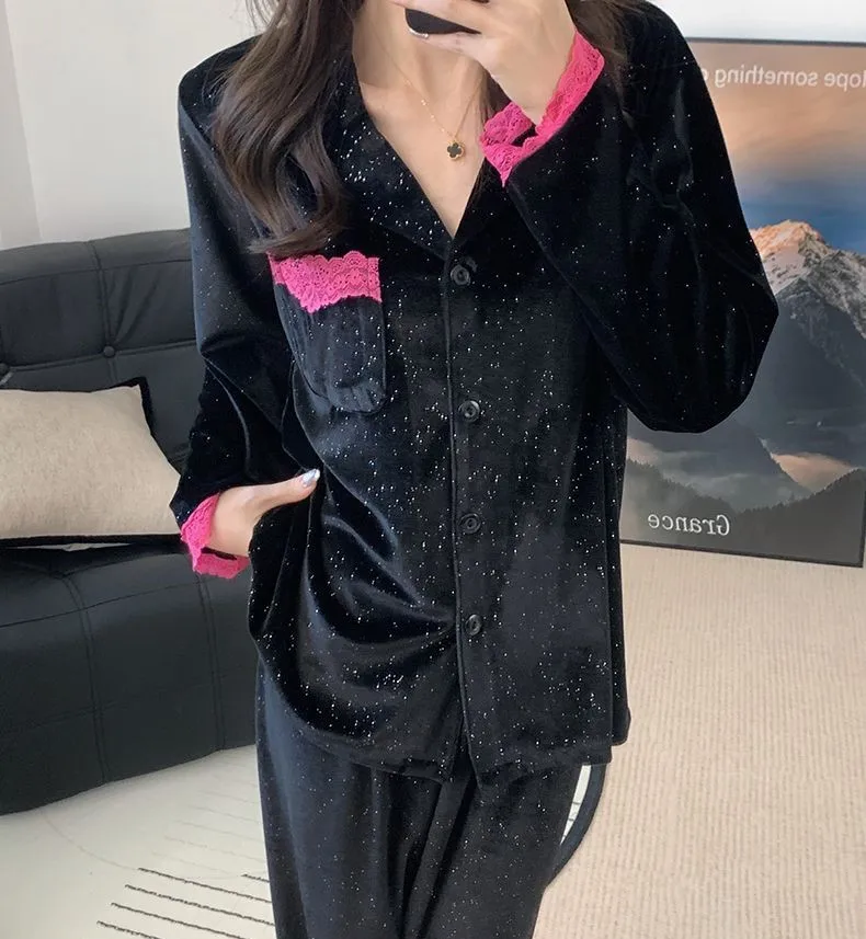 

Women's 2025 Diamond Velvet Pajama Set Fall Winter Sweet Fashion Casual Home Loungewear Cozy Sleepwear Outfit
