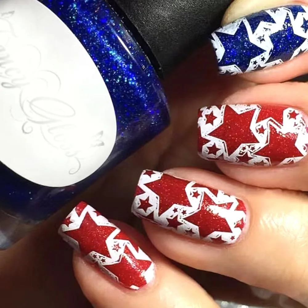 Square Shape Short Acrylic False Nails for Independence Day with Red Blue Star Designs, Reusable for Women