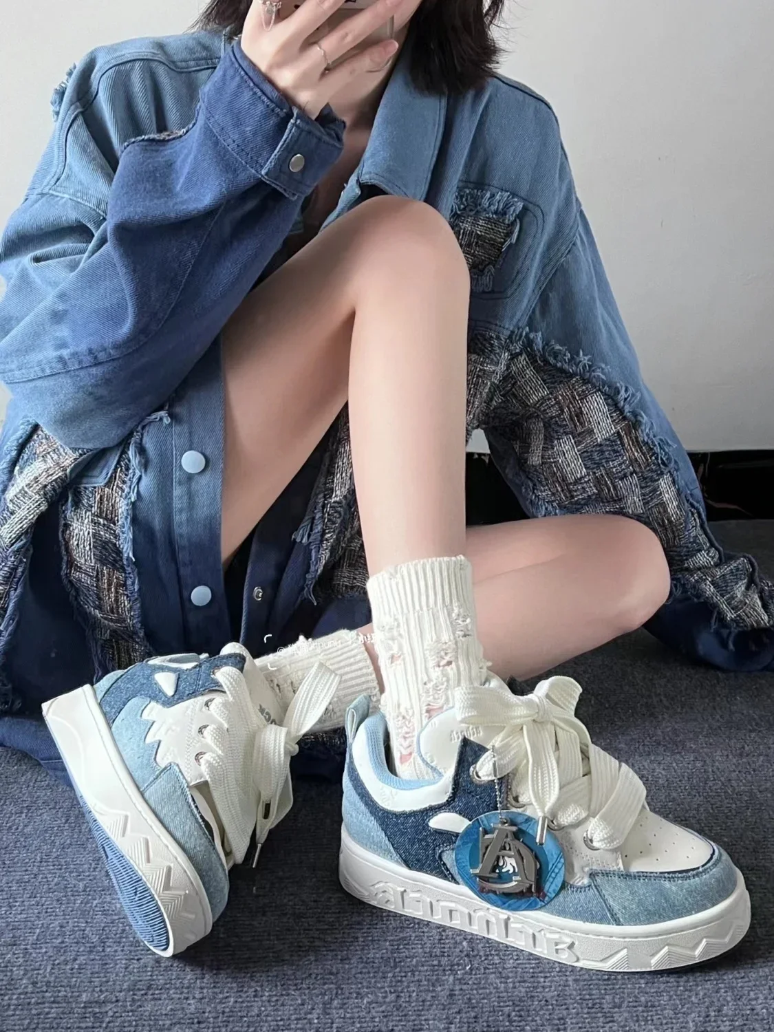 2023 Spring New Thick-Soled All-Match Casual Sneakers Female Couple National Trend Niche Denim Blue Couple Bread Shoes Male