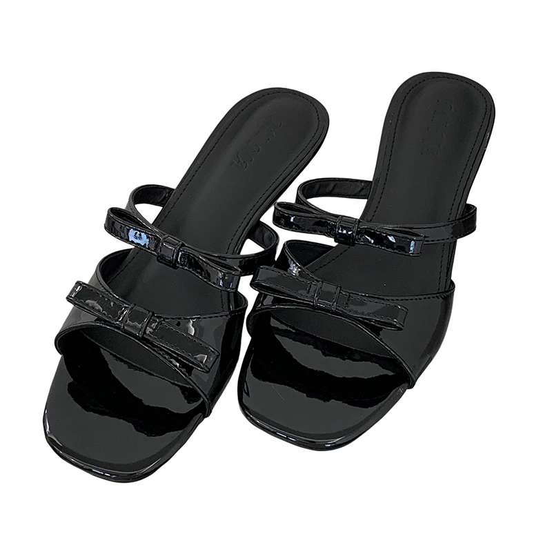Low Heel Sandals For Ladies White Slippers Summer Bow Square Toe Ladies Sandals Black High Heels Casual Shoes
