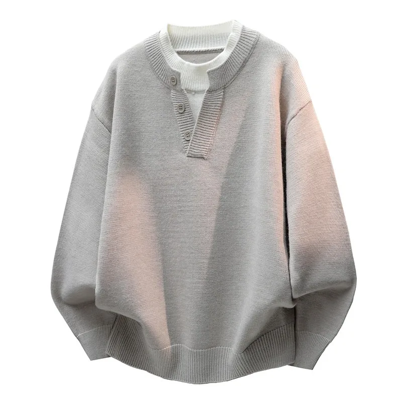 Herren-Strickpullover im Old-Money-Stil mit Henley-Kragen, locker geschnitten, Oversize, Plus Size, lässige Strickware, Oberbekleidung für den Alltag – Detail 3