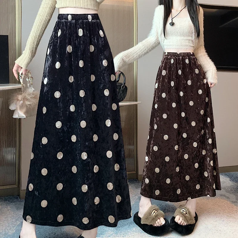 2024 Autumn Winter Retro Velvet Polka Dot Skirt Versatile Temperamen Long A-shaped Skirt Casual Streetwear Harajuku