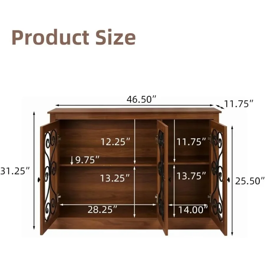 Kitchen, entryway dining room storage cabinet with glass doors, walnut wood finish, metal scroll design, elegant sideboard buff