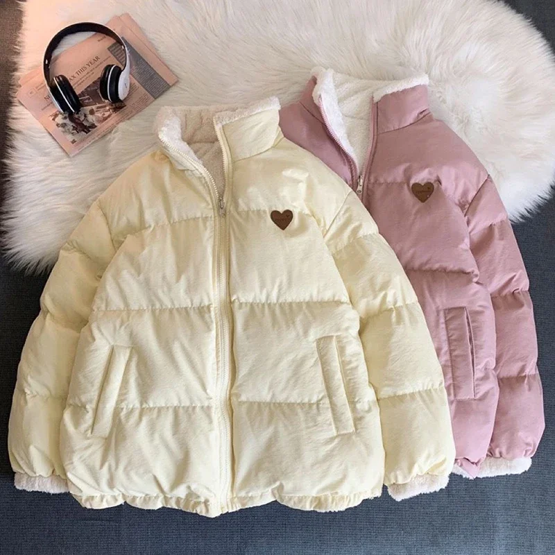 Japanese Cute Embroidery Parkas Coat Women Winter Korean Style Thick Loose Warm Jacket Double Sided Design Pink Student Clothes
