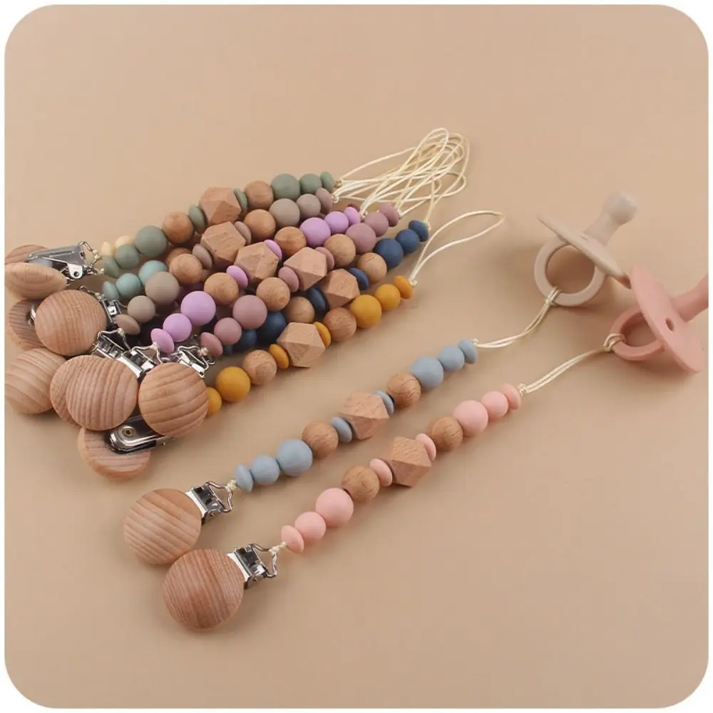 Dummy Clips Pacifier Holder Clips Wood Octagonal Space Beads Baby Pacifier Chain Nipple Holder Clips Soother Holder