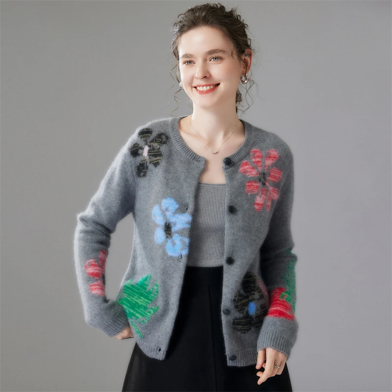 

Fashion embroidery women's round neck cardigan 100% cashmere knitted cardigan sweater autumn winter new product women's jacket