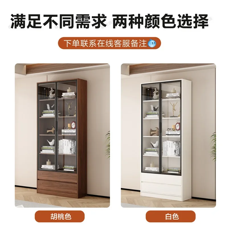 Solid wood bookshelf Floor-to-ceiling shelf Wine cabinet Bookcase Glass door Dustproof living room crevice Storage display