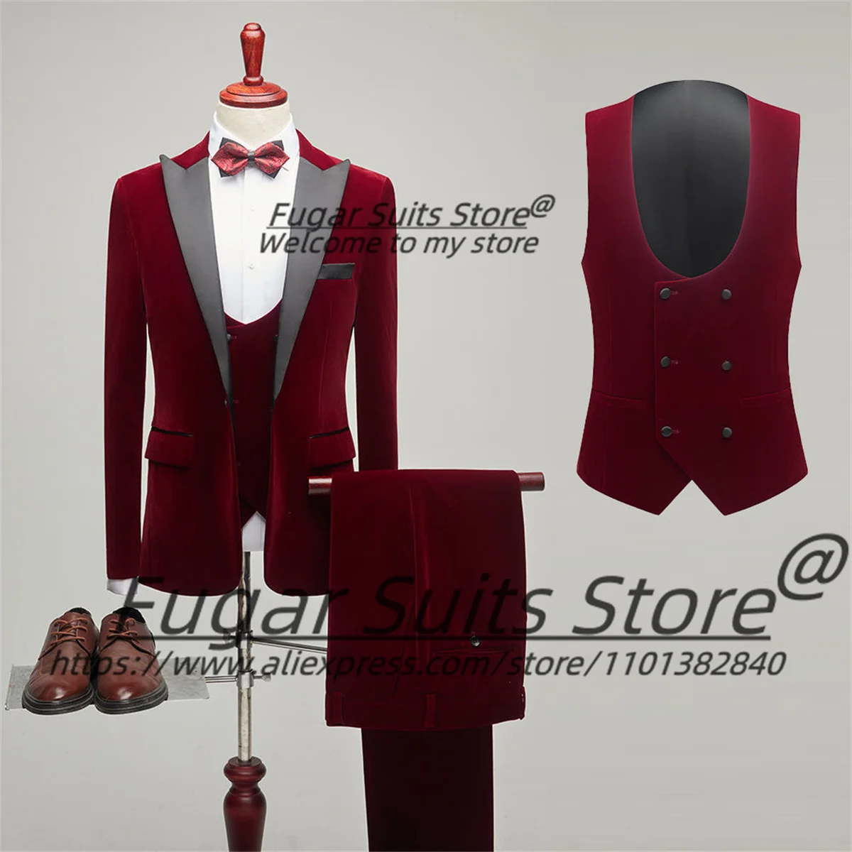 

Luxuly Red Velvet Wedding Suits For Men Slim Fit Peak Lapel Groom Formal Tuxedos 3 Pieces Sets Elegant Male Blazers Ropa Hombre