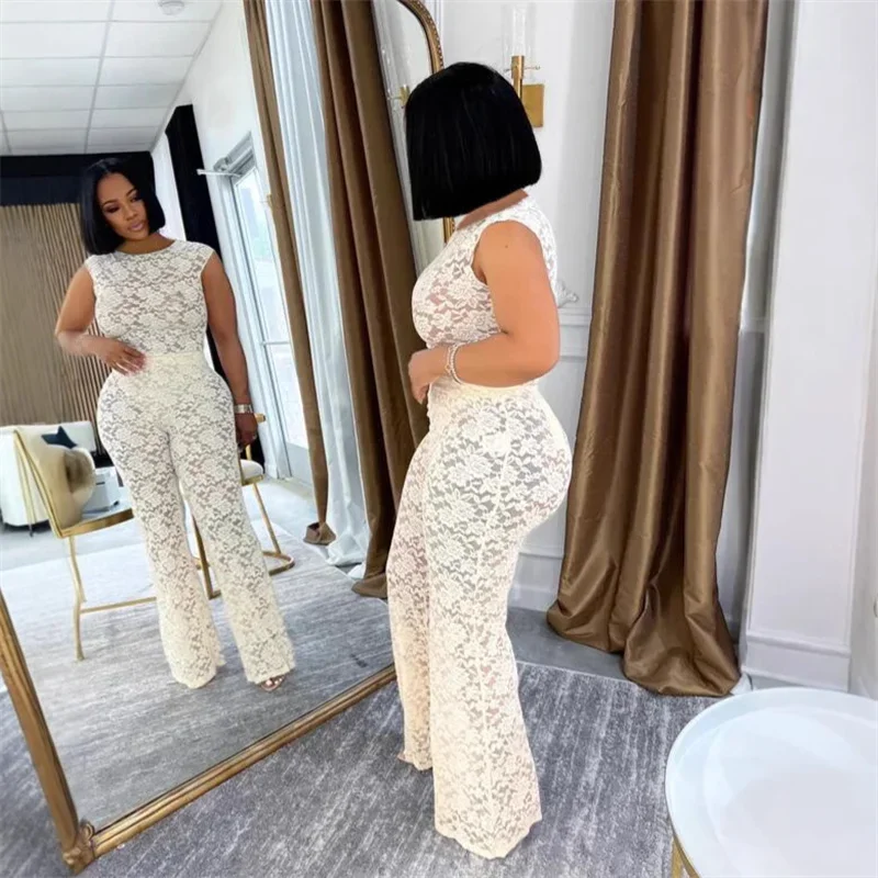 Floral Lace See Through Clubbing Outfits Sexy Woman 2 Piece Set Sleeveless Top and Flare Pants Night Party Rave Matching Sets