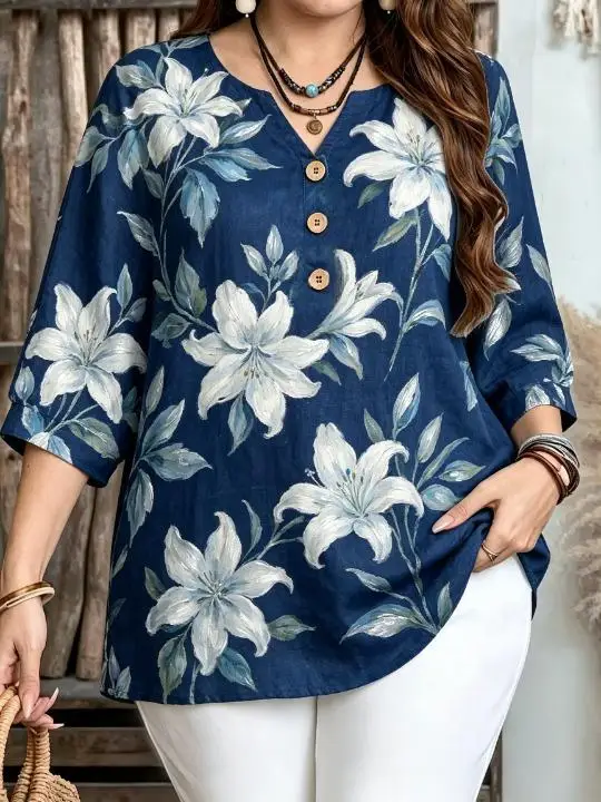 Women Vintage Oil Painting Floral All‑Over Print Blouse For Curvy Figures Notched Neck 3/4 Sleeve Loose Casual Ladies Tops