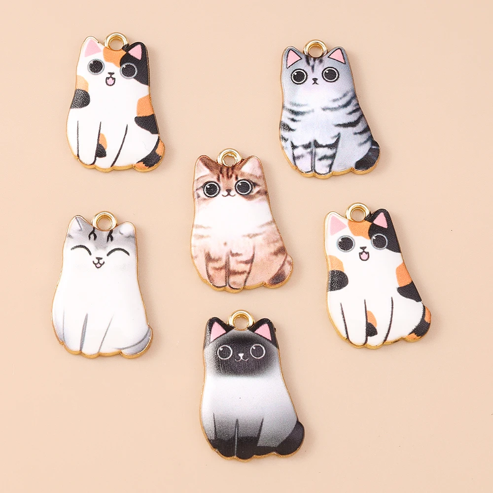 Leslie 10 Stück Cartoon-Emaille-Katzen-Charms, niedliche goldfarbene Metall-Tierkatzen-Anhänger für DIY-Halsketten, Armbänder, Schmuckherstellung – Detail 15