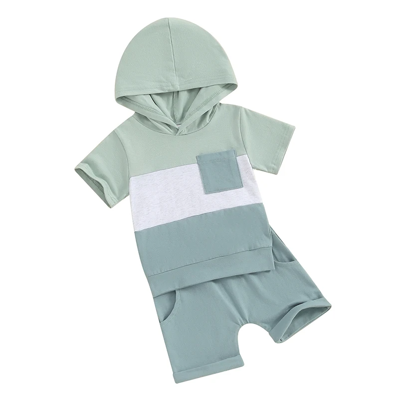 

Baby Boy Summer Outfits Short Sleeve Contrast Color Hooded Tops Rolled Shorts Set Toddler Clothes