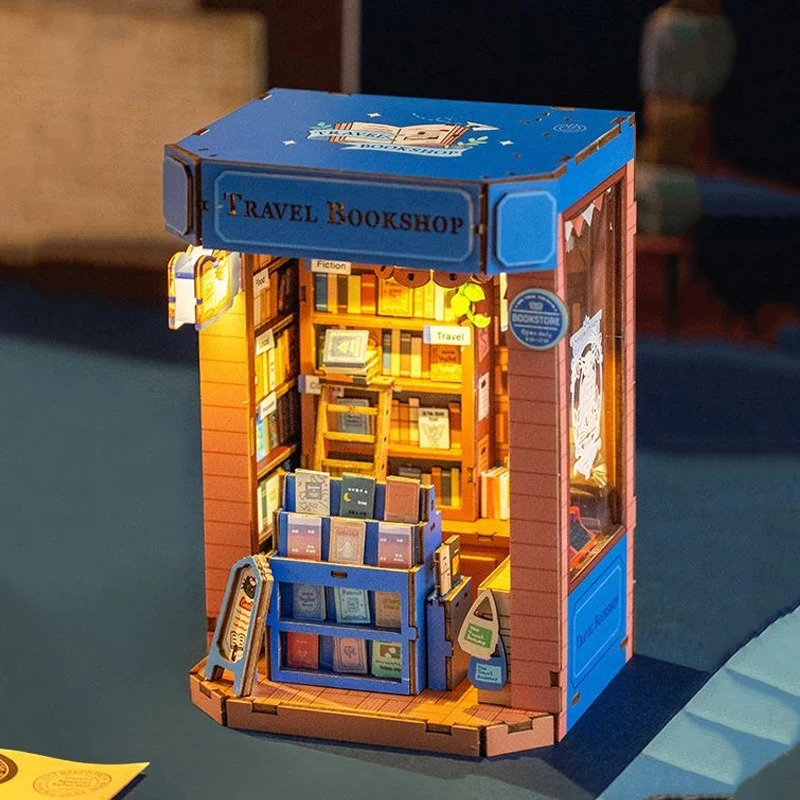 

OUZEY Wooden Book Nook Shelf Insert DIY Model Kit Travel Bookshop Bookend Miniature with LED Light for Birthday Gifts