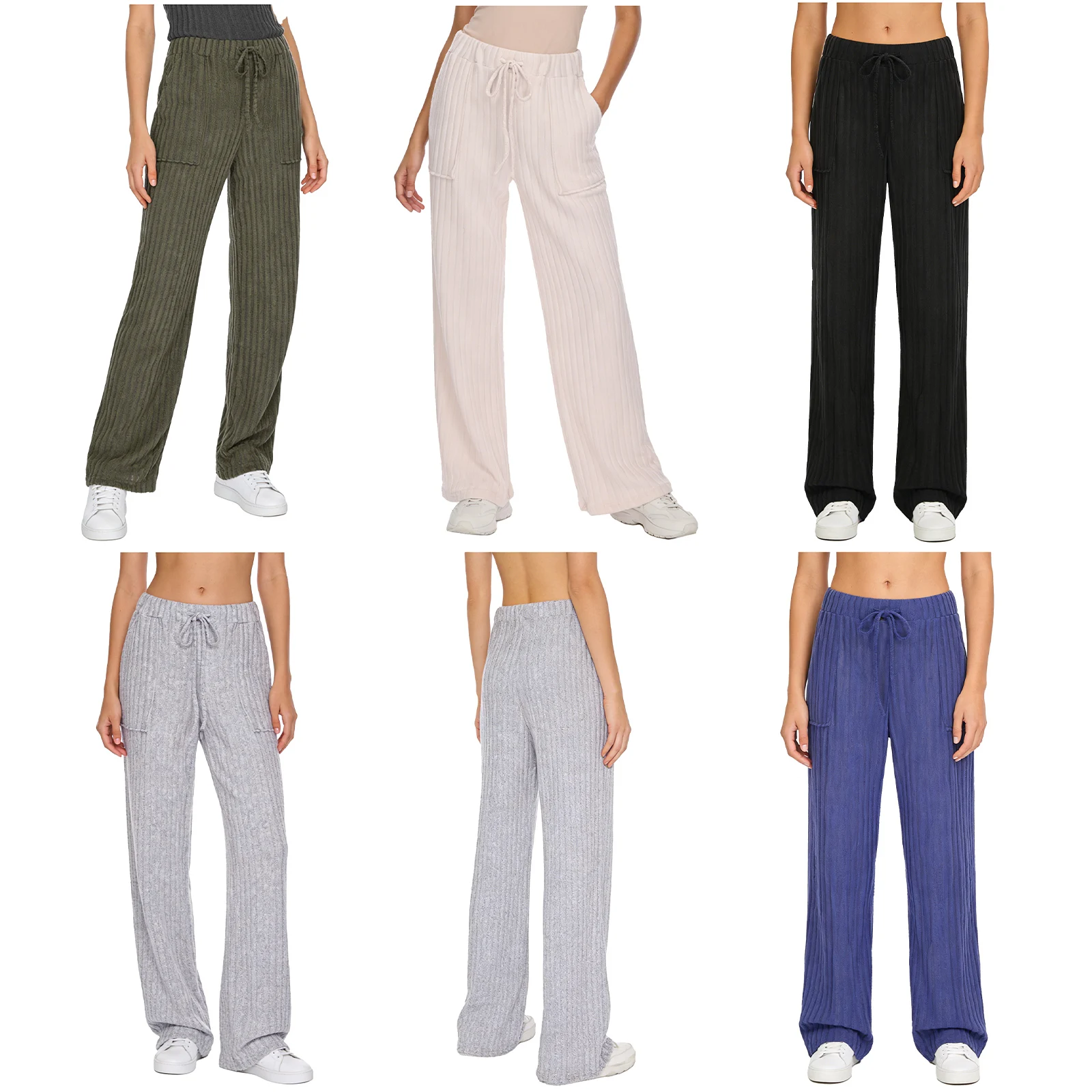 Fashion Womens Cozy Ribbed Wide Leg Pants with Elastic Waist And Drawstring Pockets Knitted Loose Trousers for Casual Going Out