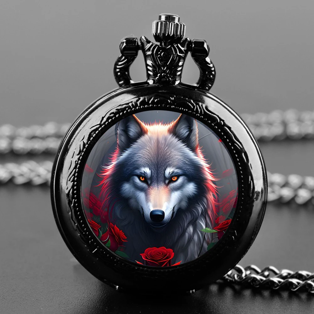 Cool Rose Wolf Design Quartz Pocket Watch for Women Men Kids Unique Vintage Clock Watches Chain Jewelry Pendant Gift