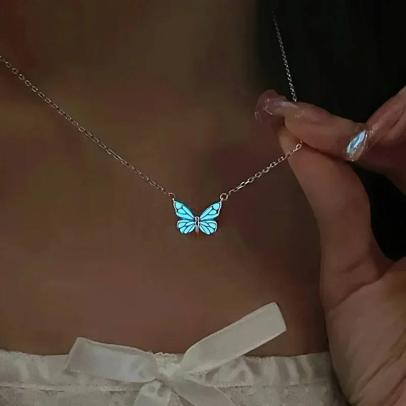 2025 New Butterfly Lamp Necklace Female Simple Light Luxury Fashion New Blue Luminous Butterfly Clavicle Chain Female Party Gift