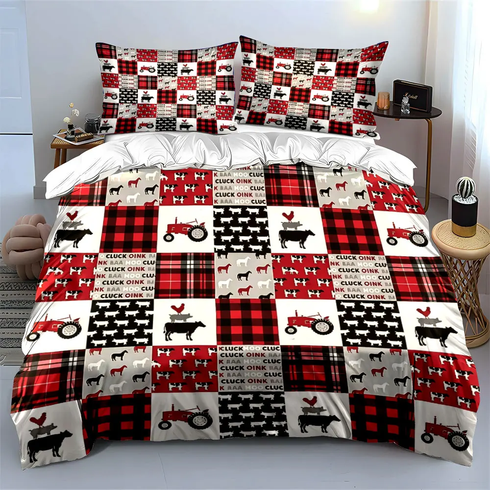 Farm Animal Buffalo Plaid Bedding Set 3pcs,Cow & Tractor Print Duvet Cover,Rustic Country Bed Linen for Kids Bedroom,Home Decor