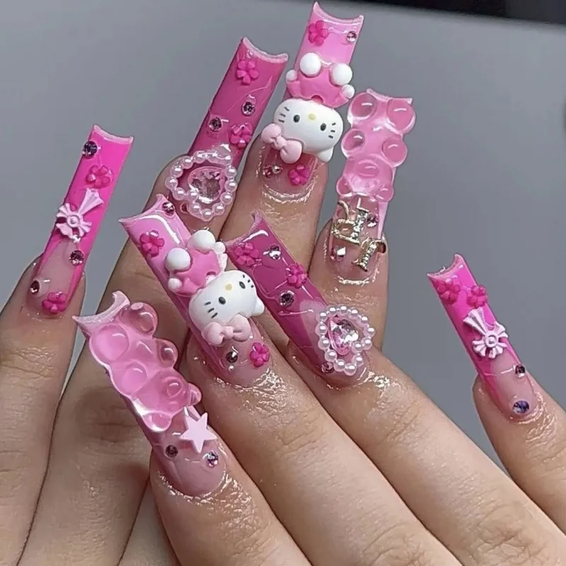 New Diy Sanrios kitty Saturn Sparkling Water Diamond Y2k Europe and America Handmade Press on Nails Long Nails Design Manicure