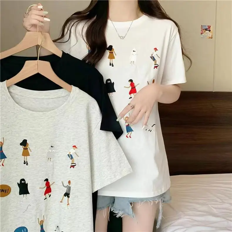 Summer Fashion Women T-Shirt Funny Cartoon Embroidery Tshirt Harajuku Casual Loose Pure Cotton Clothes T Shirt Female Streetwear