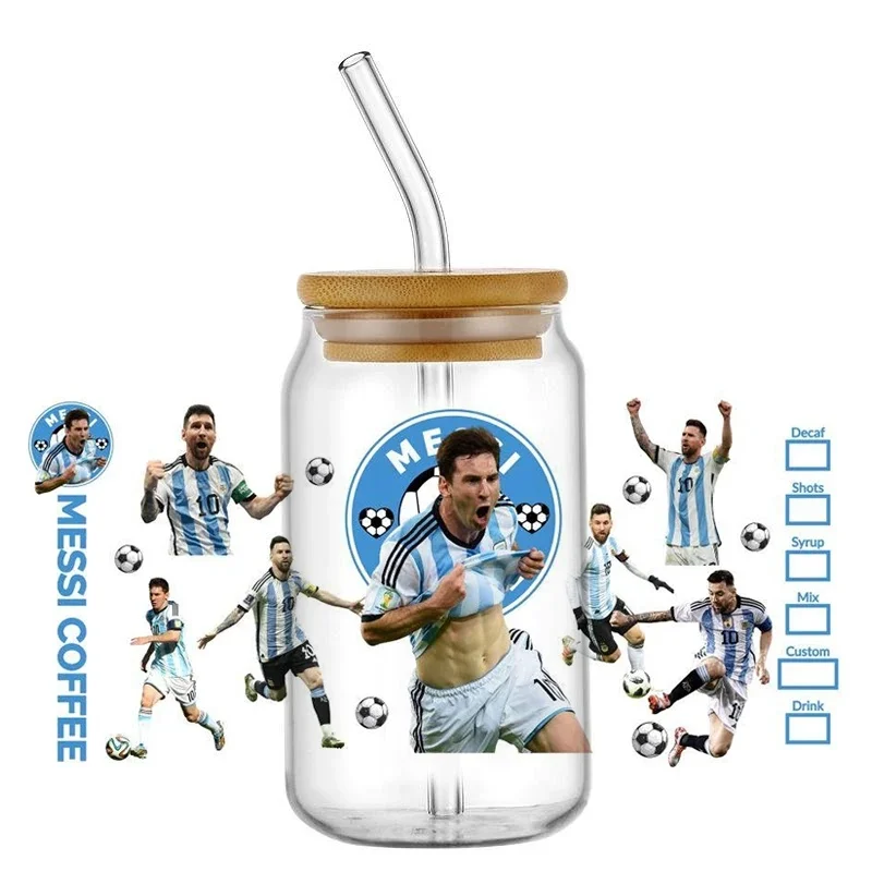 Dynamic Soccer Athlete Portrait Art UV DTF Cup Wrap, Waterproof Washable Transfer Decal Sticker for 16oz Libbey Glass Mug Tumble