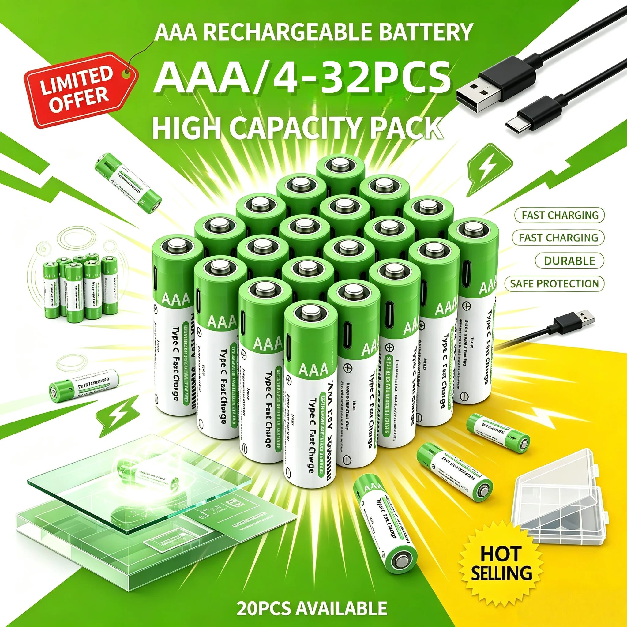 4-32PCS 3000mAh AAA Rechargeable Batteries 1.5V Li-ion with Type-C Cable+Storage Box Constant Voltage for Toys Mouse